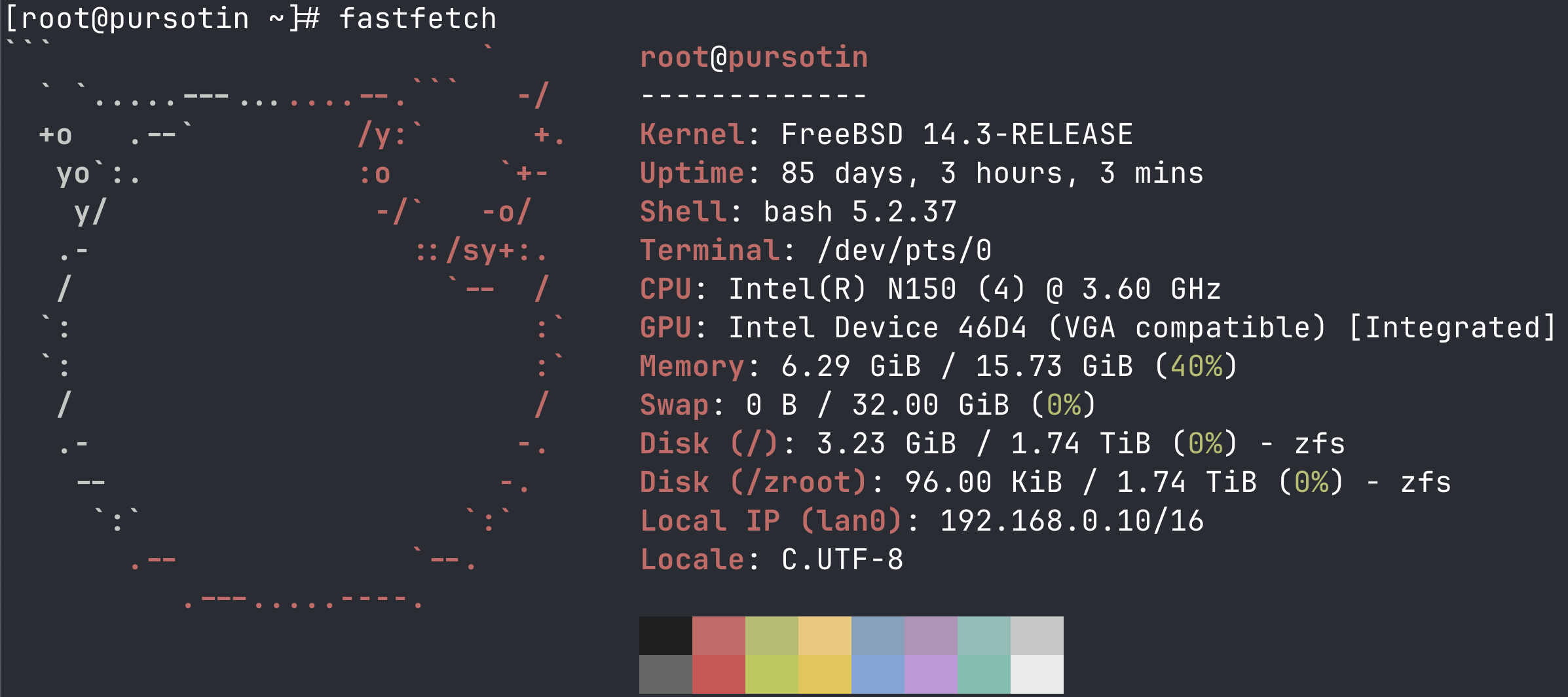 Fastfetch output showing the machine specs. Disregard the uptime (I took the screenshot way later)