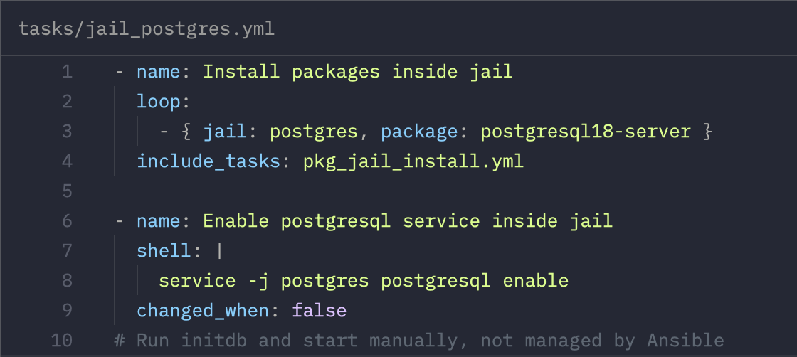 A snippet of Ansible playbook installing PostgreSQL in the "postgres" jail