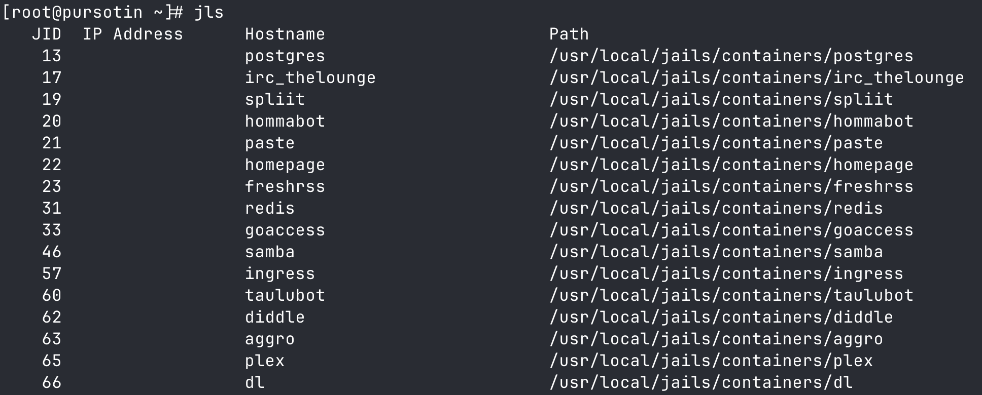 A list of running jails on the server