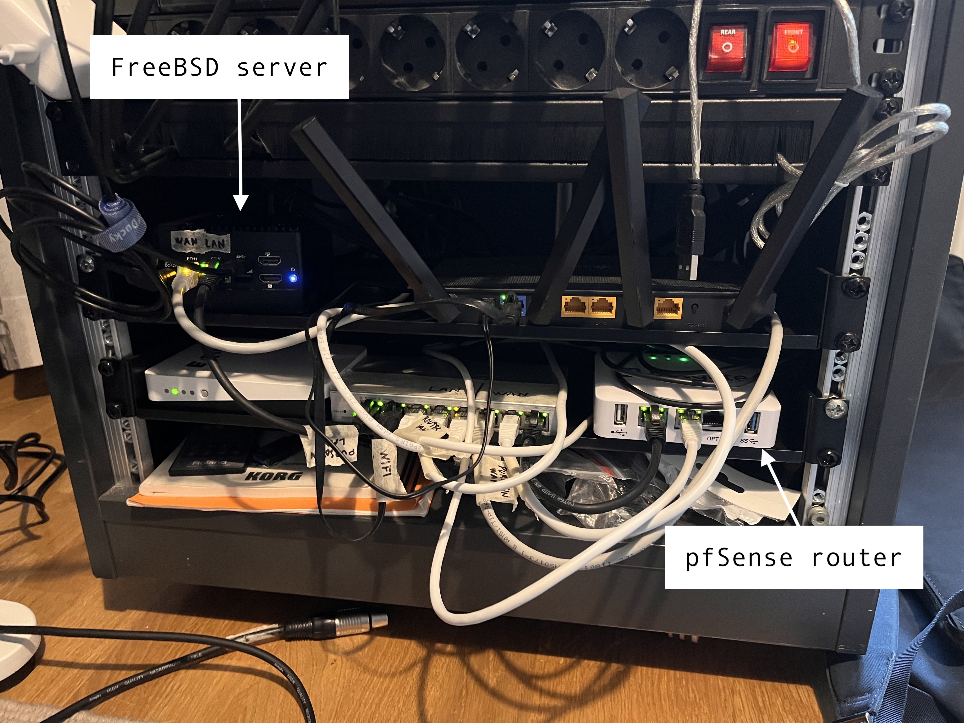 My network rack with the server and router, happily chatting over IPv6.